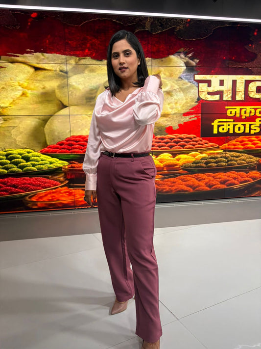 Korean Cowl Neck Shirt (Pink) with High-waist Fit-It pants (Mauve)